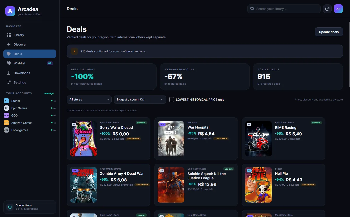 Arcadea deals page with regional promotions