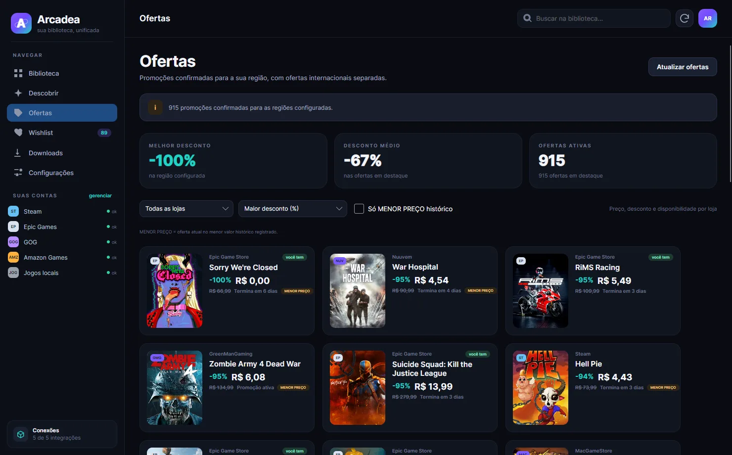 Página de ofertas do Arcadea com promoções regionais
