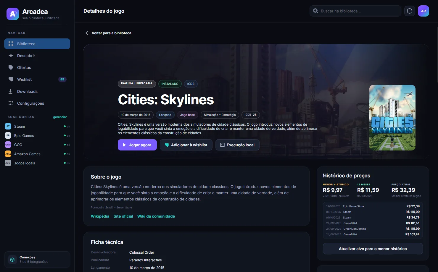 Página de detalhes de Cities: Skylines no Arcadea