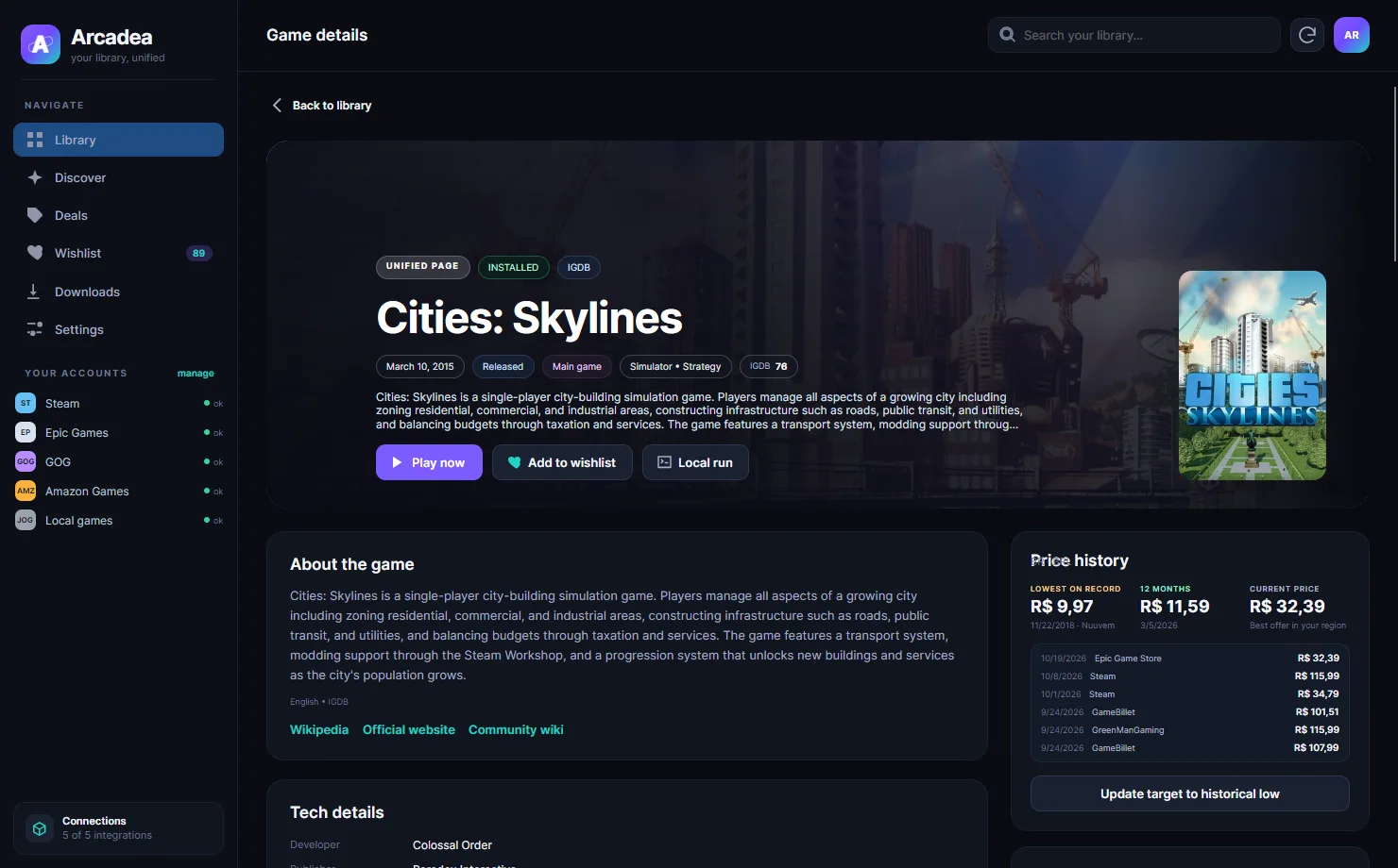 Cities: Skylines game details page in Arcadea