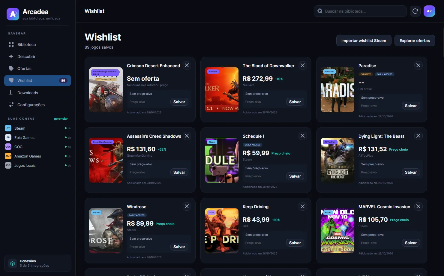 Página de wishlist do Arcadea